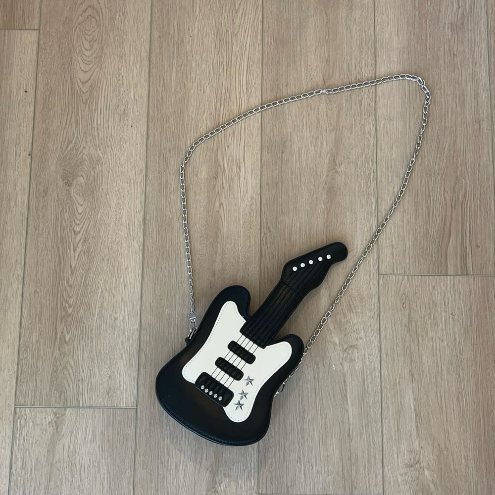 Guitar-Shaped Black and White Crossbody Bag